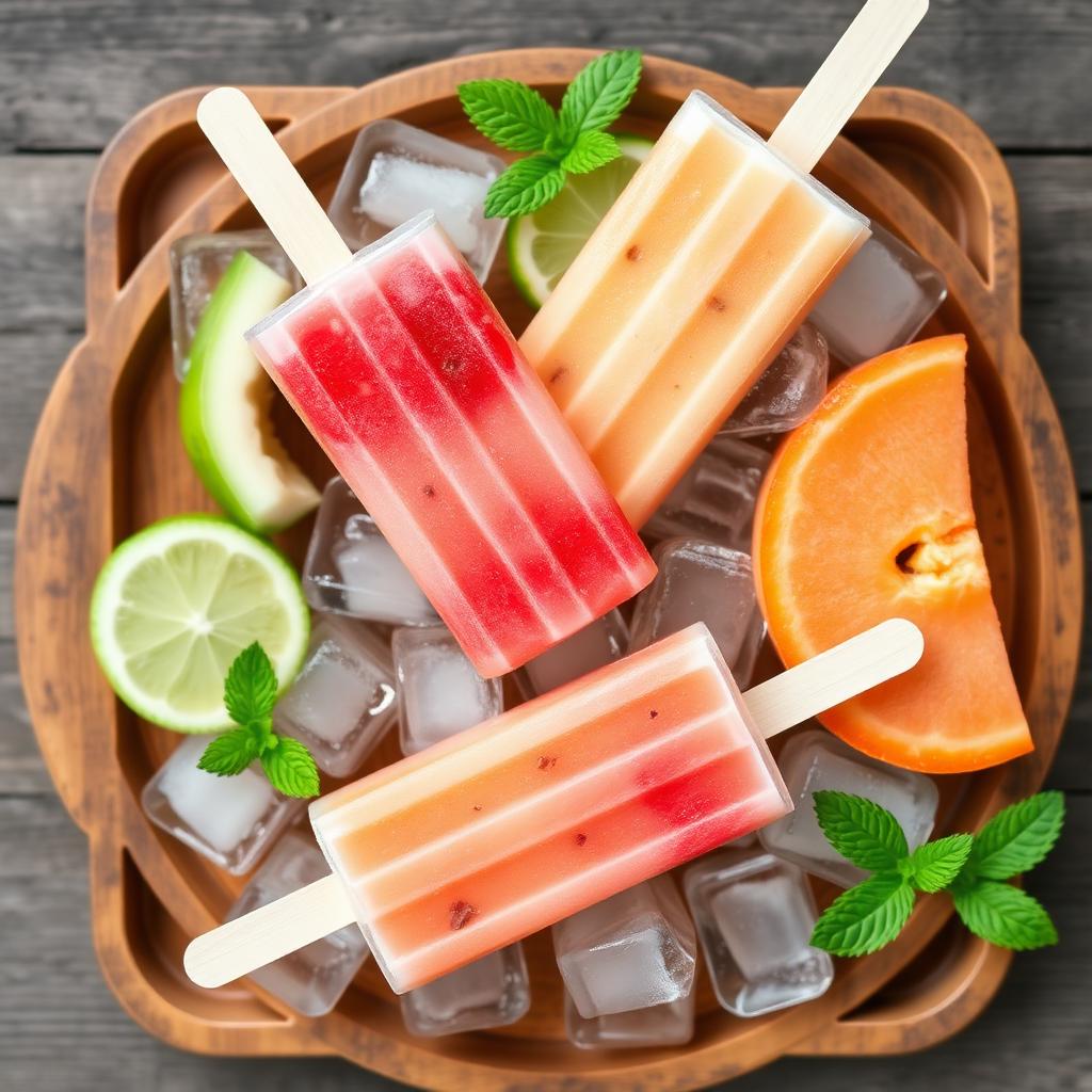 Tray of homemade fruit popsicles on ice