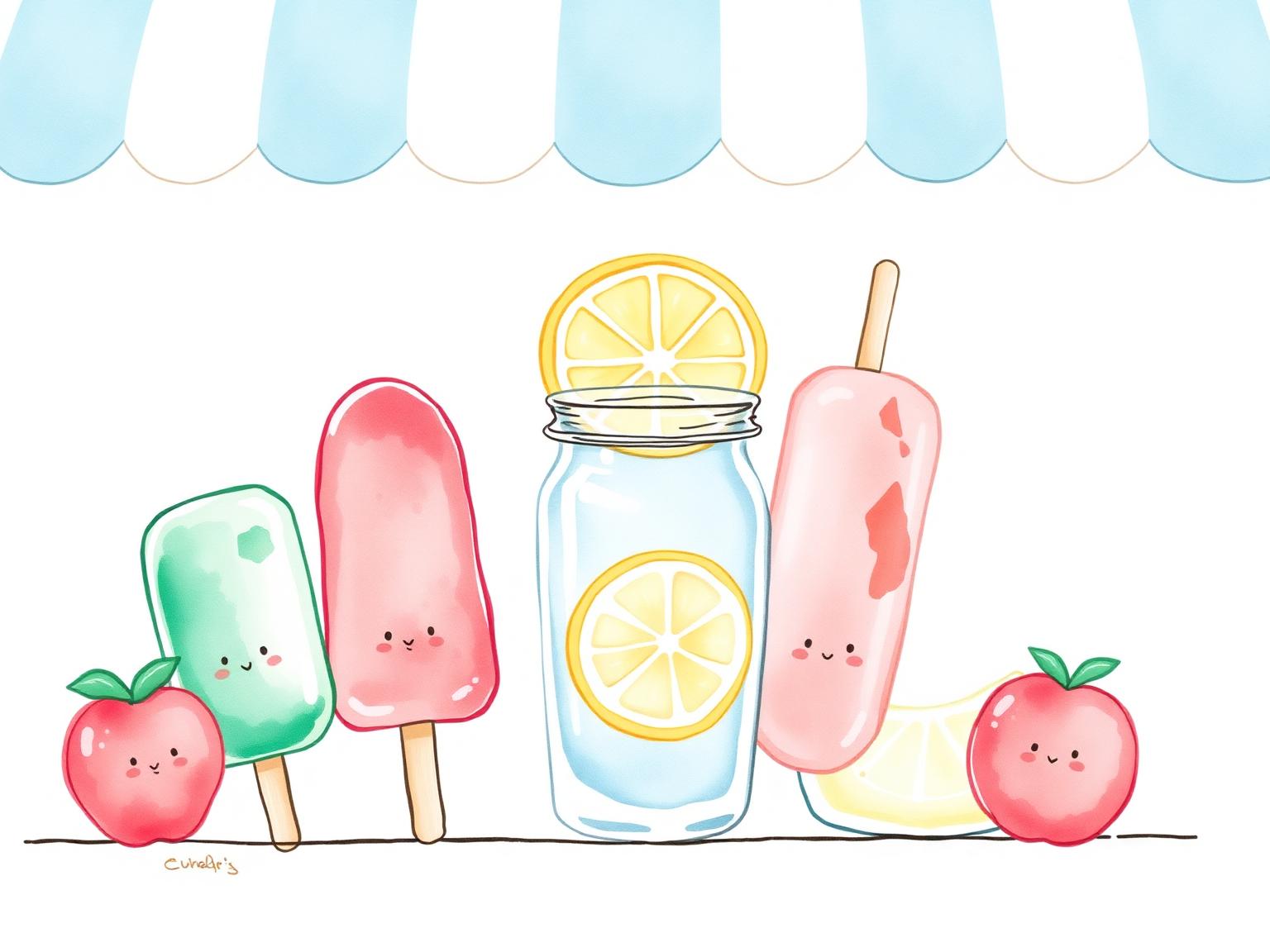 Illustrated popsicles and lemonade jar with striped awning