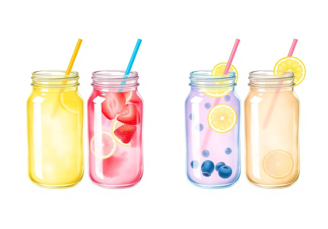 Four mason jars of colorful lemonade